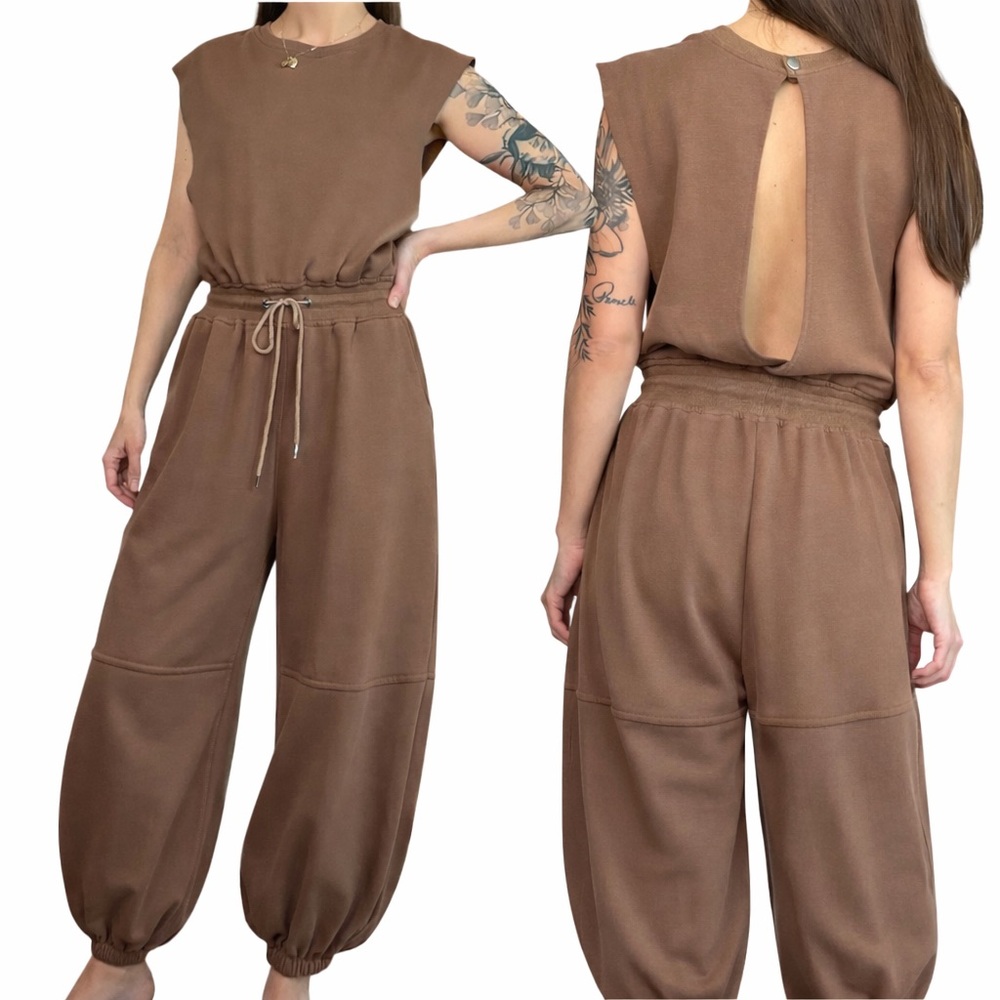 Mocha Brown Open Back Lounge Jumpsuit Sleeveless Drawstring Jogger Wide Leg Sm - Picture 1 of 10